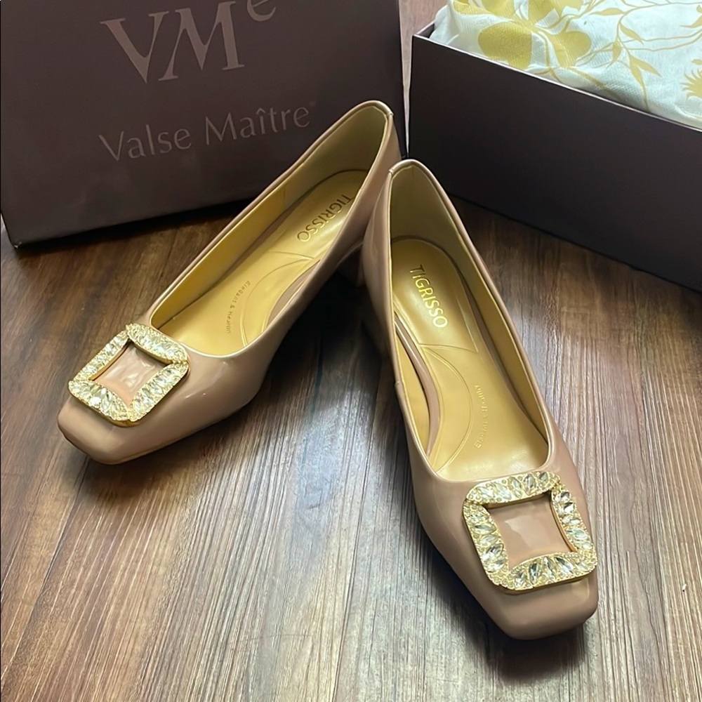 90% New! Tan Genuine Leather Ballet Flats with Square Toe